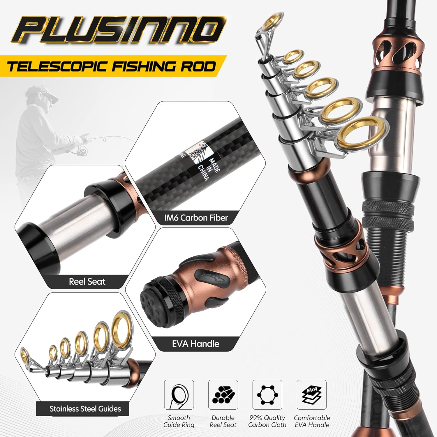 PLUSINNO Fishing Rod and Reel Combos - Carbon Fiber Telescopic Fishing Pole - Spinning Reel 12 +1 Shielded Bearings Stainless Steel BB - Image 3